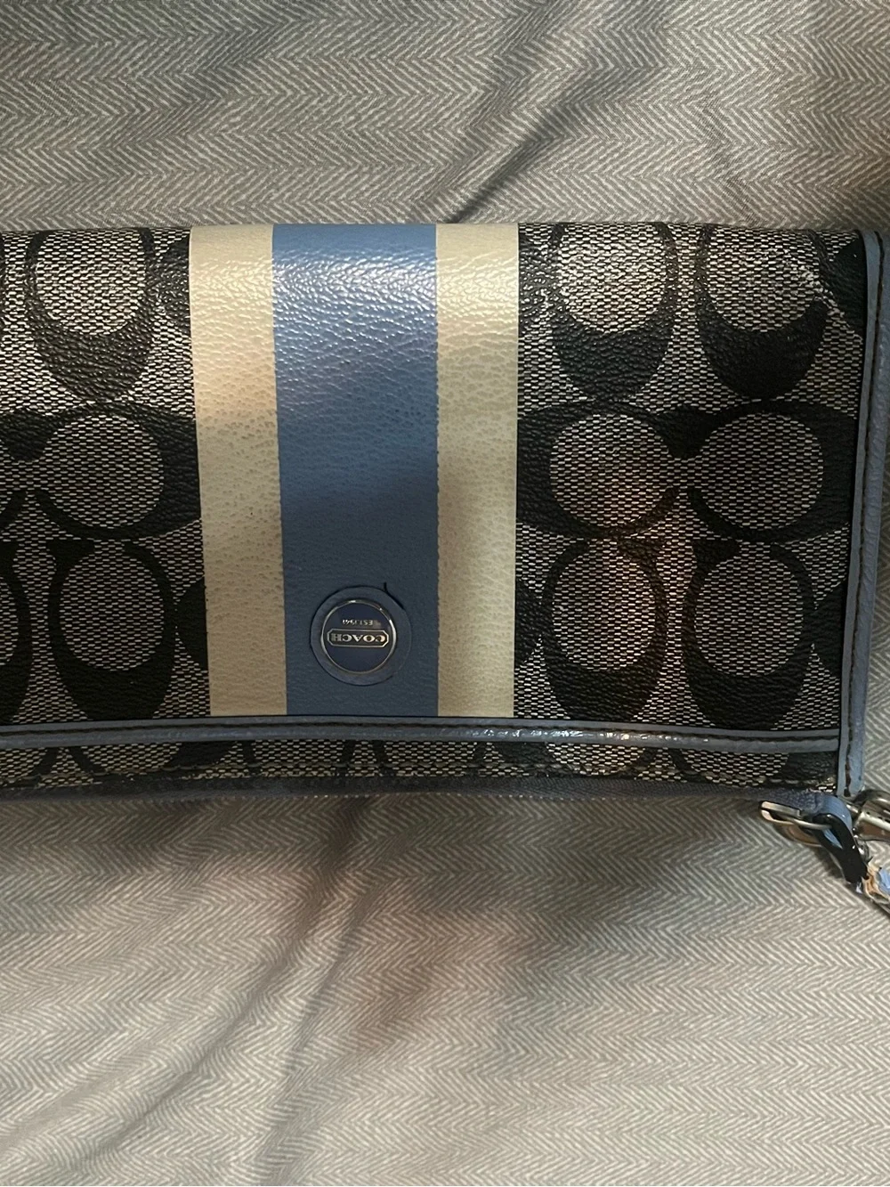 Coach Black, Cream & Blue Signature Stripe Wristlet
